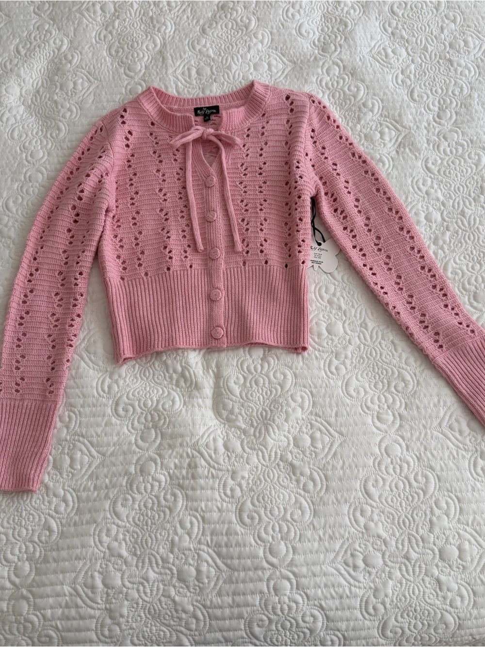 Self Esteem Pink Crochet Open-Knit Tie-Neck Cardigan - Size M